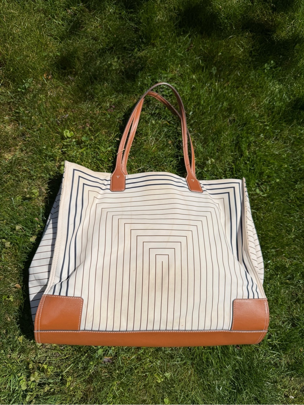 Tory Burch Cream Stripe Ella Print Tote with Tan Leather Trim - Large - Picture 3 of 12